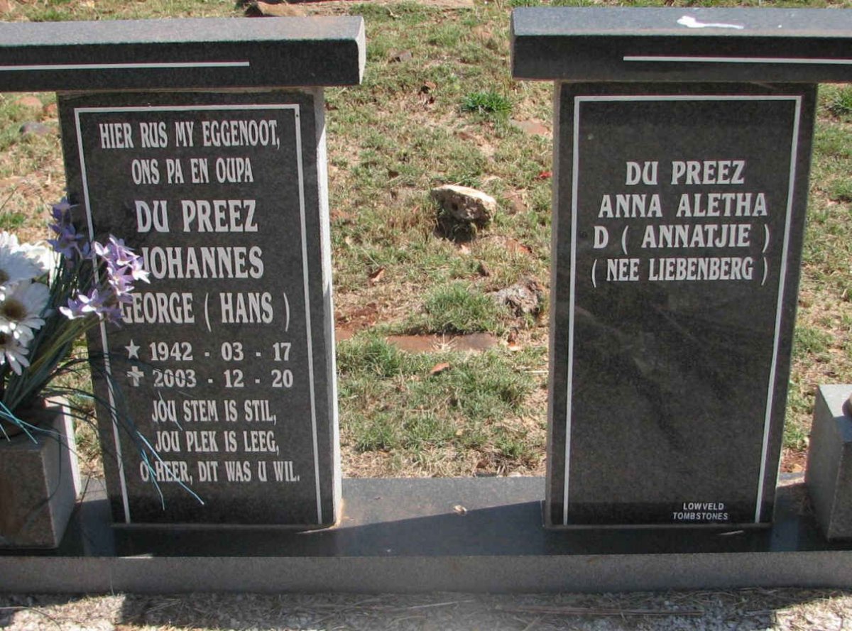 PREEZ Johannes George, du 1942-2003 &amp; Anna Aletha LIEBENBERG