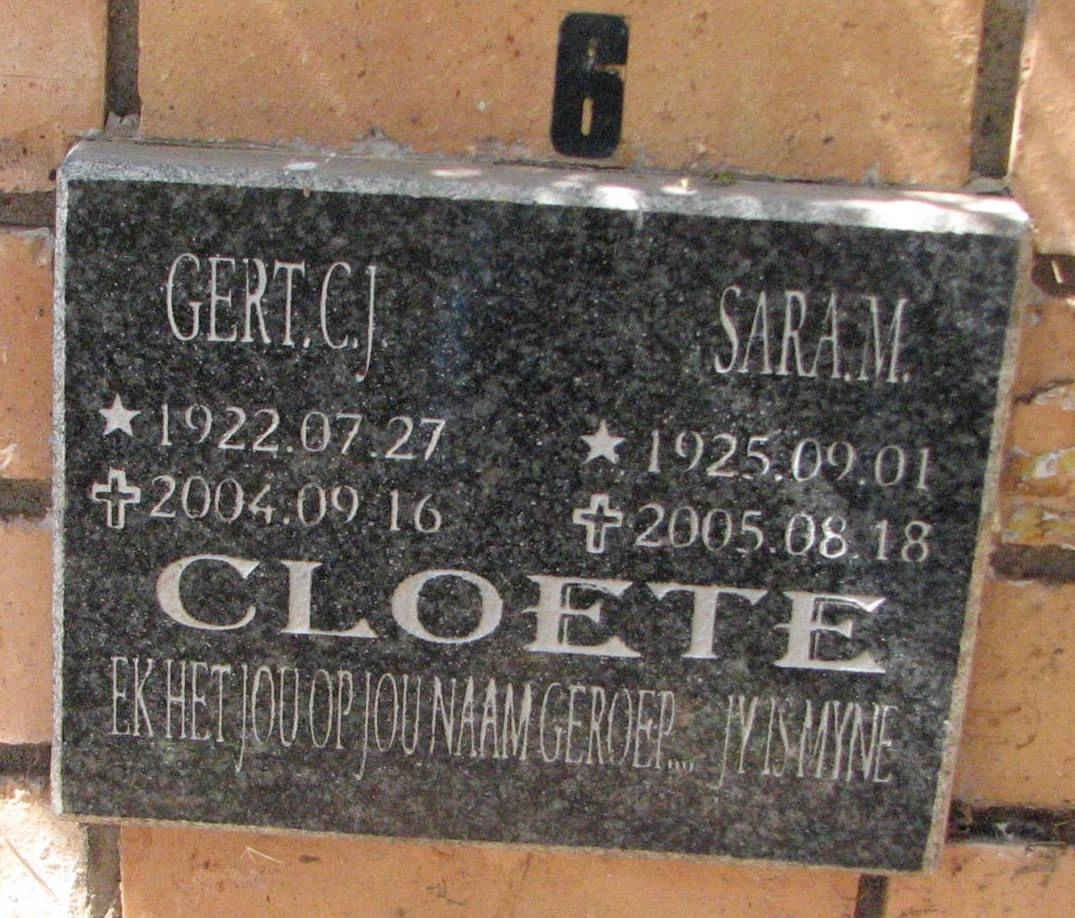 CLOETE Gert C.J. 1922-2004 &amp; Sara M. 1925-2005