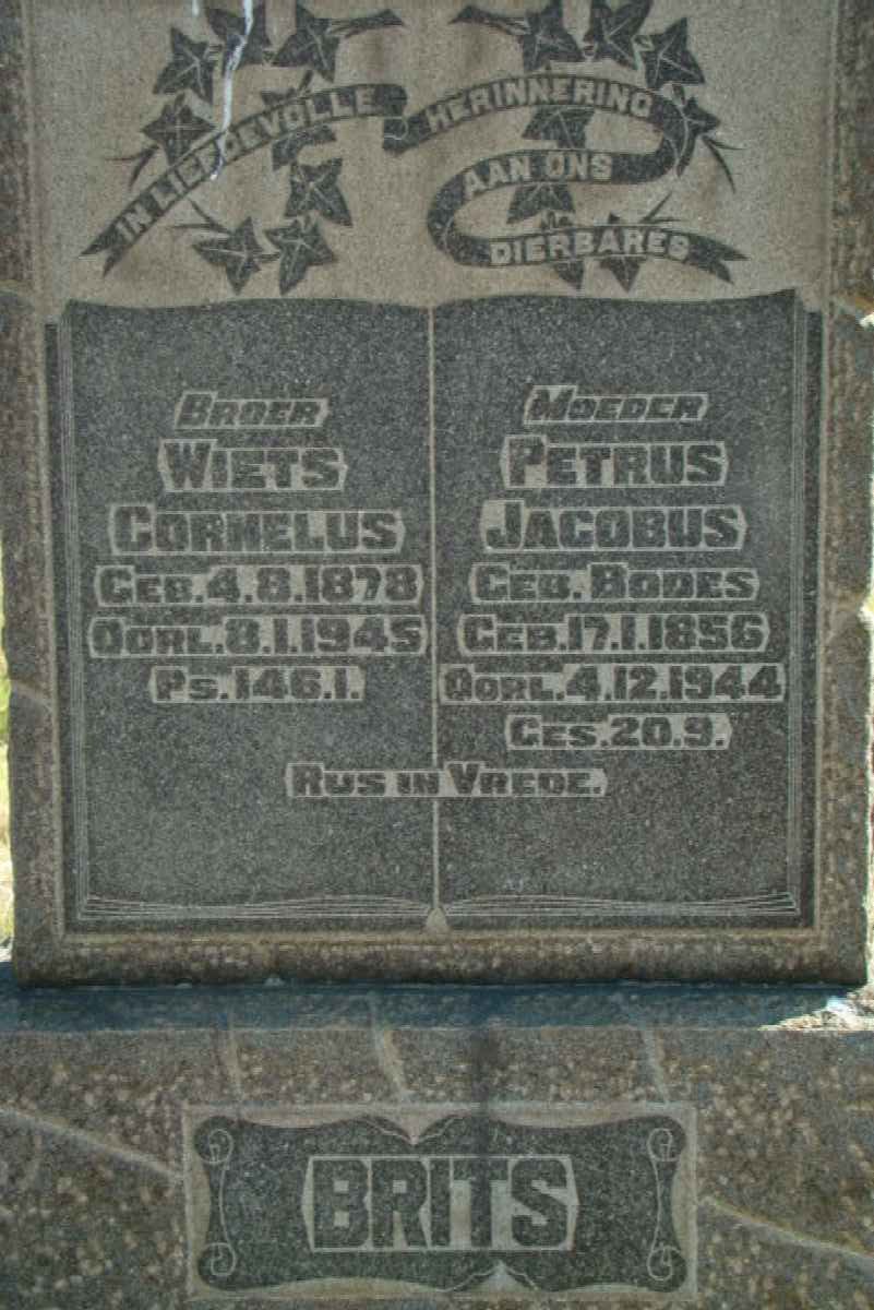 BRITS Petrus Jacobus nee BODES 1856-1944 :: BRITS Wiets Cornelus 1878-1945