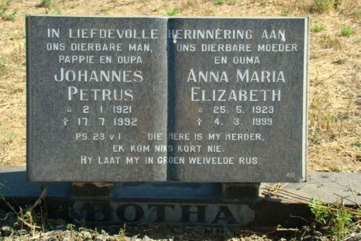BOTHA Johannes Petrus 1921-1992 &amp; Anna Maria Elizabeth 1923-1999