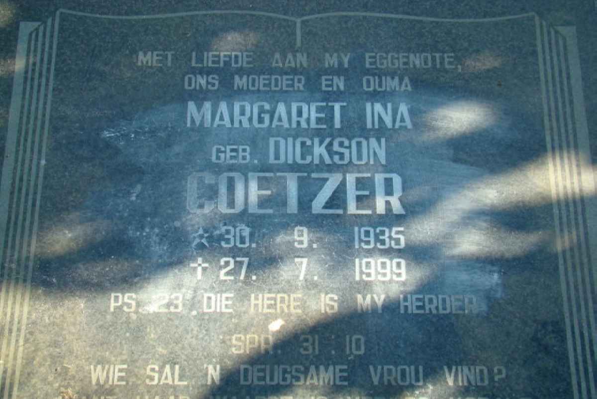 COETZER Margaret Ina nee DICKSON 1935-1999