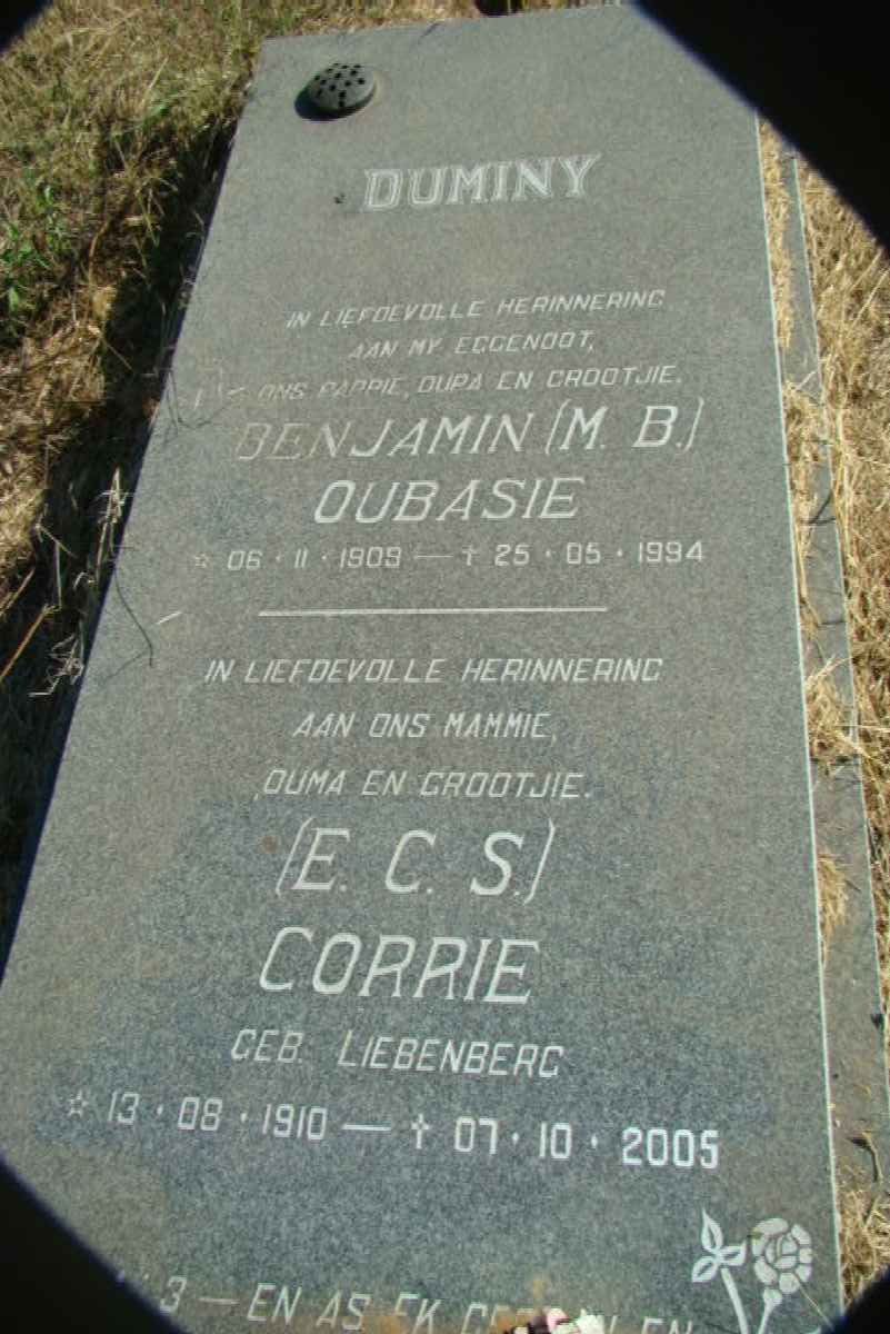 DUMINY M.B. 1909-1994 &amp; E.C.S. LIEBENBERG 1910-2005