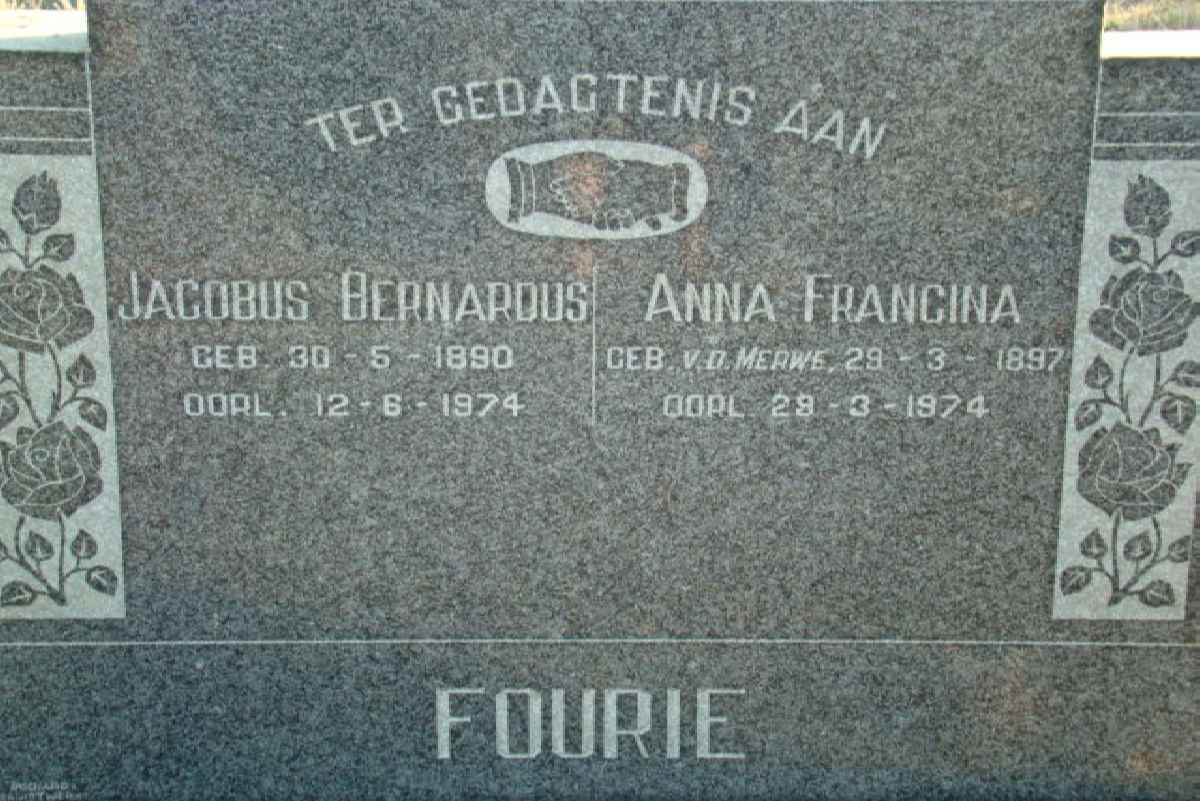 FOURIE Jacobus Gerhardus 1890-1974 &amp; Anna Francina v.d. MERWE 1897-1974