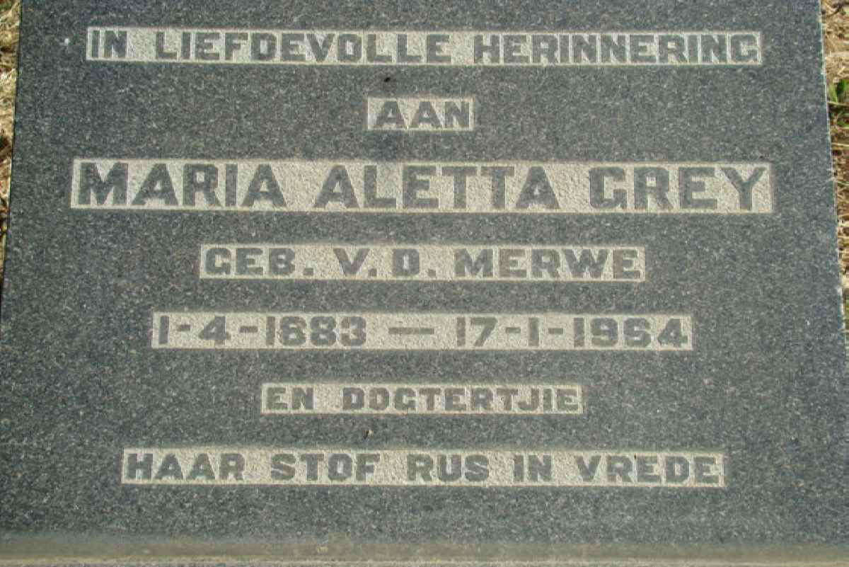 GREY Maria Aletta nee VAN DER MERWE 1883-1964