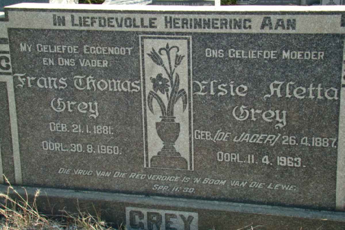 GREY Frans Thomas 1881-1960 &amp; Elsie Aletta DE JAGER 1887-1963
