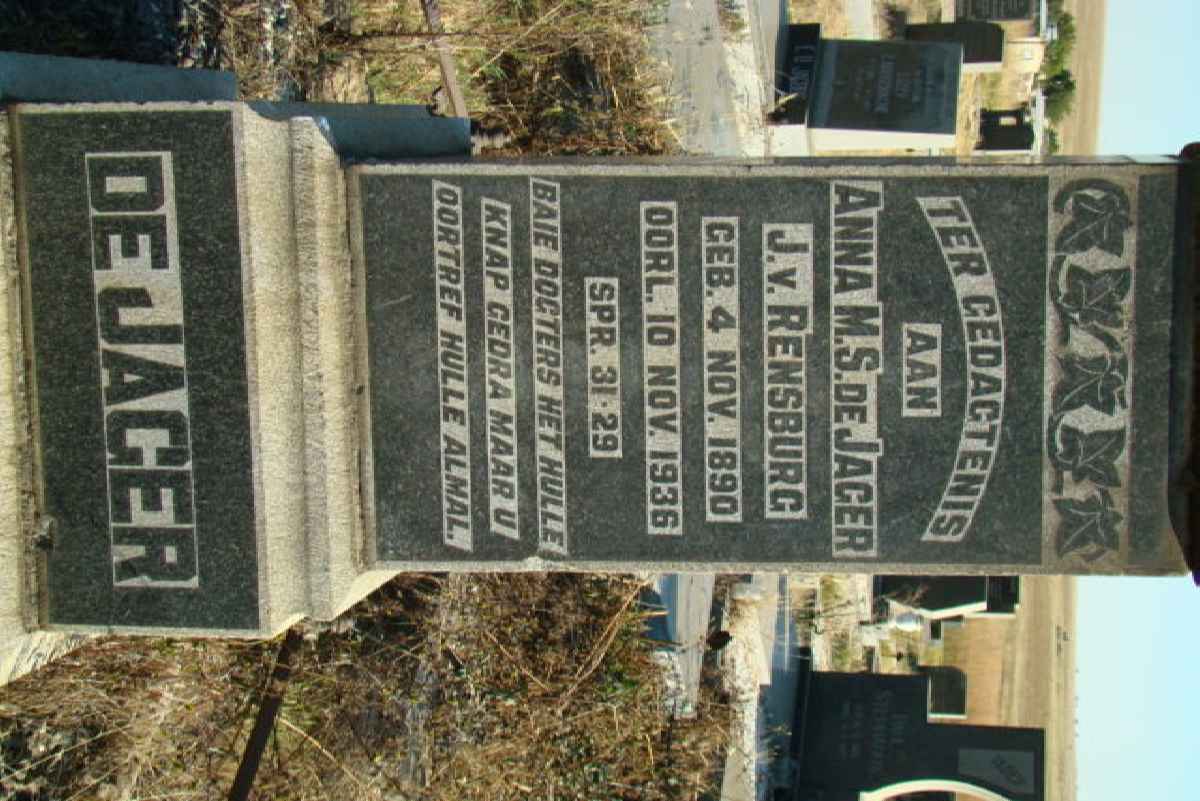 JAGER Anna M.S., de nee J. van RENSBURG 1890-1936