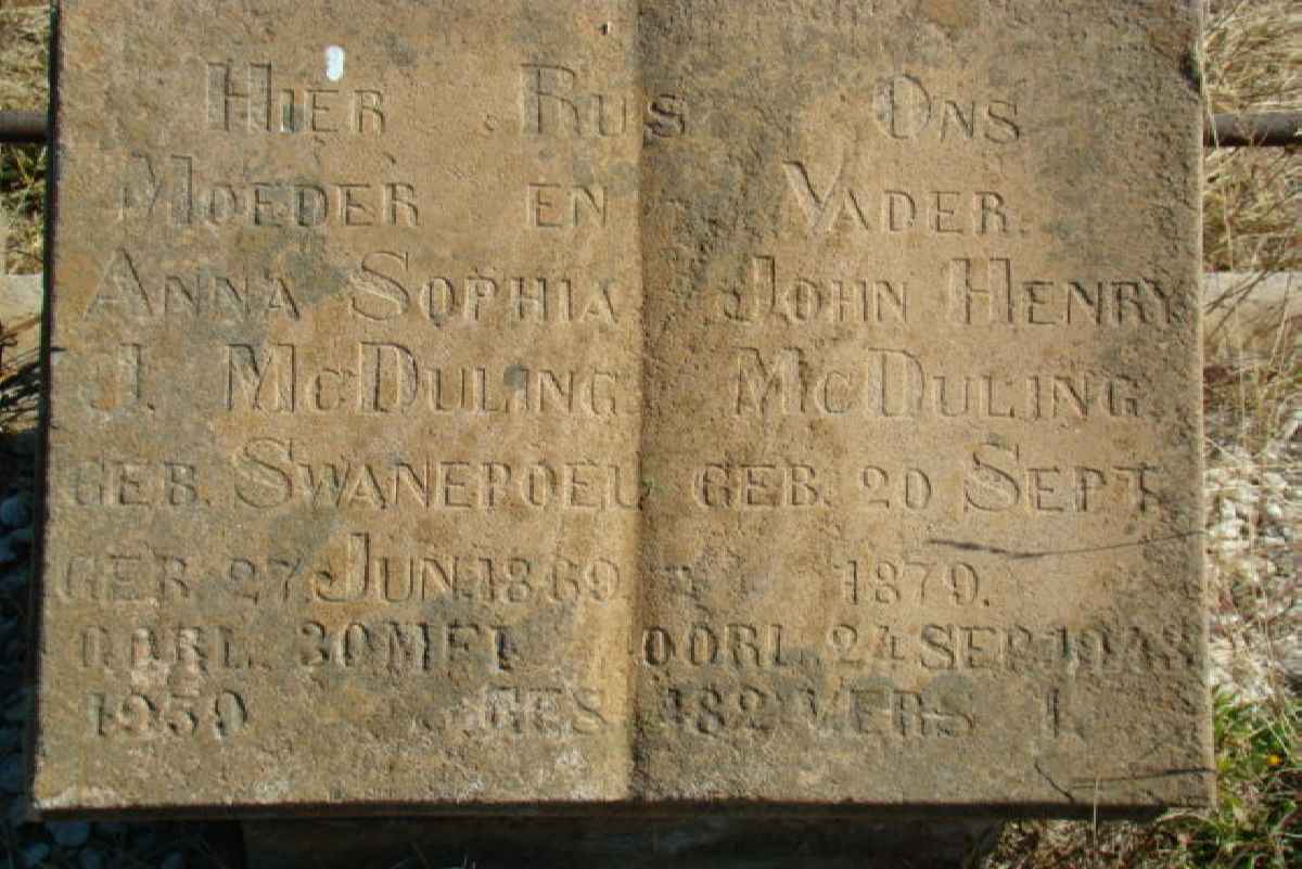 McDULING John Henry 1870-1948 &amp; Anna Sophia J. SWANEPOEL 1869-1950
