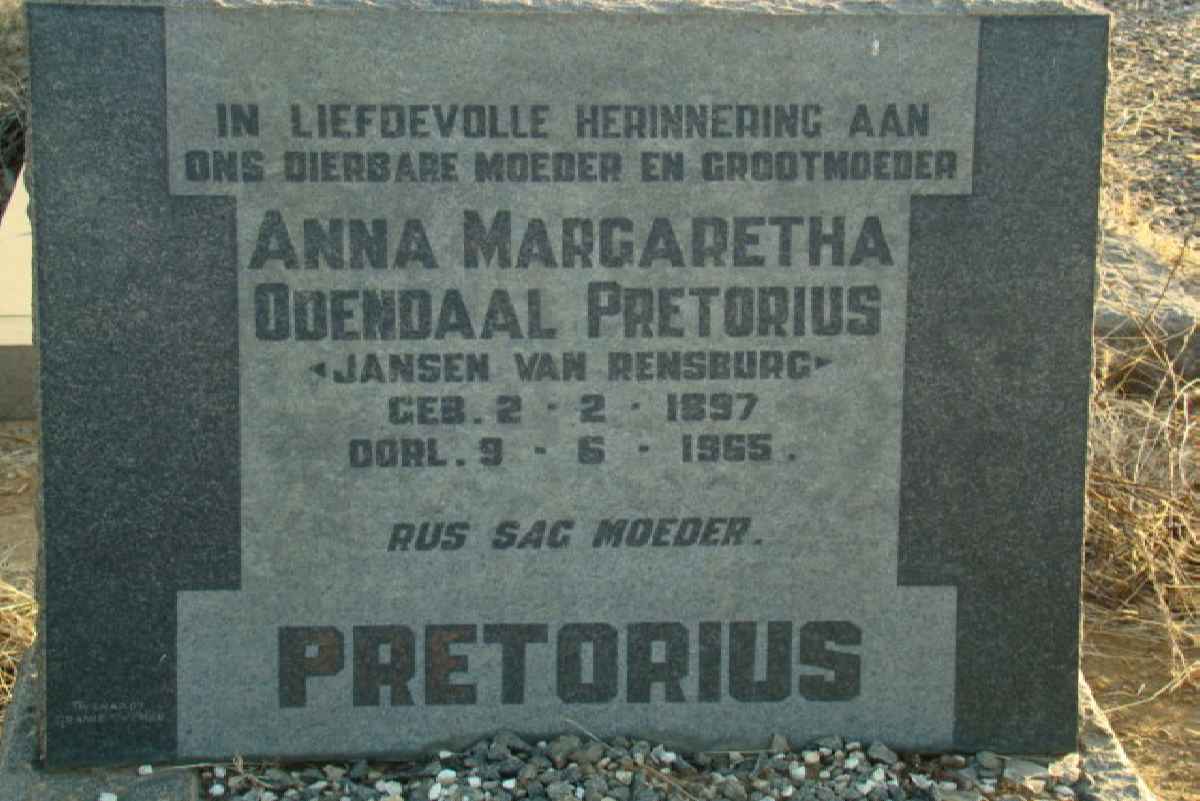PRETORIUS Anna Margaretha Odendaal nee JANSEN VAN RENSBURG 1897-1965