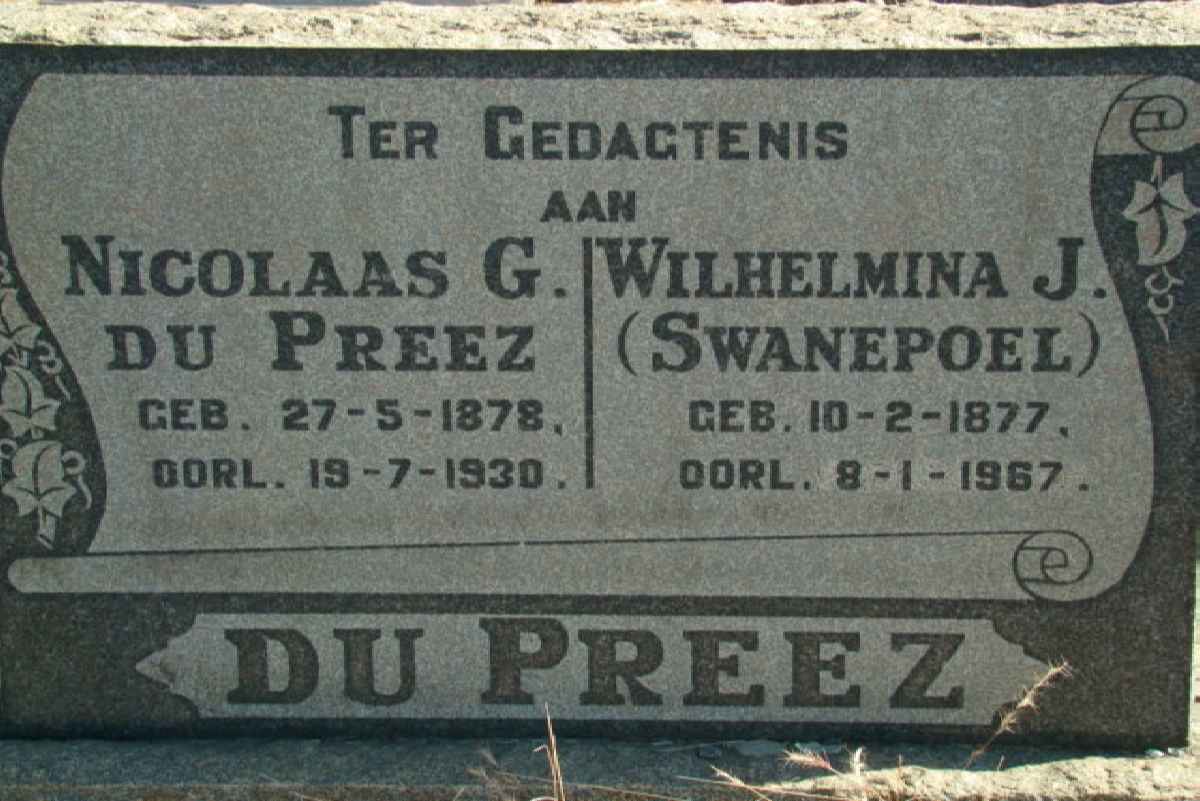 PREEZ Nicolaas G., du 1878-1930 &amp; Wilhelmina J. SWANEPOEL 1877-1967