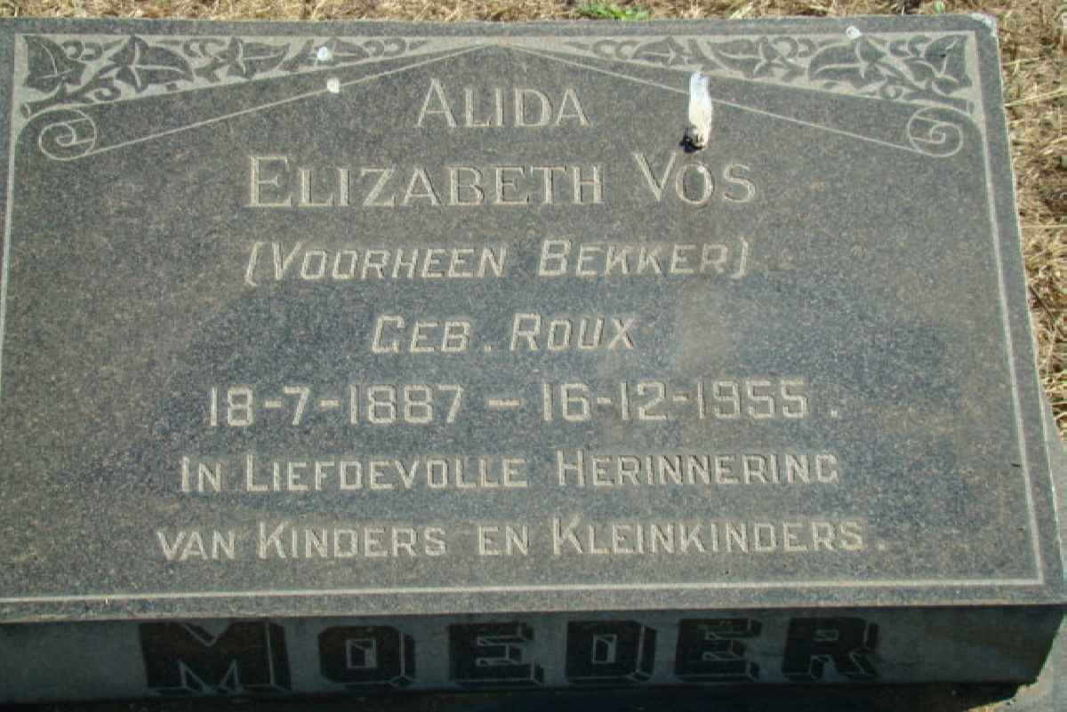 VOS Alida Elizabeth formerly BEKKER nee ROUX 1887-1955