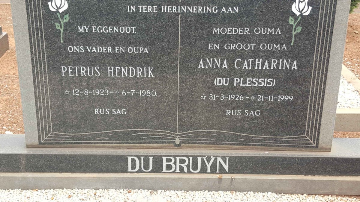 BRUYN Petrus Hendrik, du 1923-1980 &amp; Anna Catharina DU PLESSIS 1926-1999