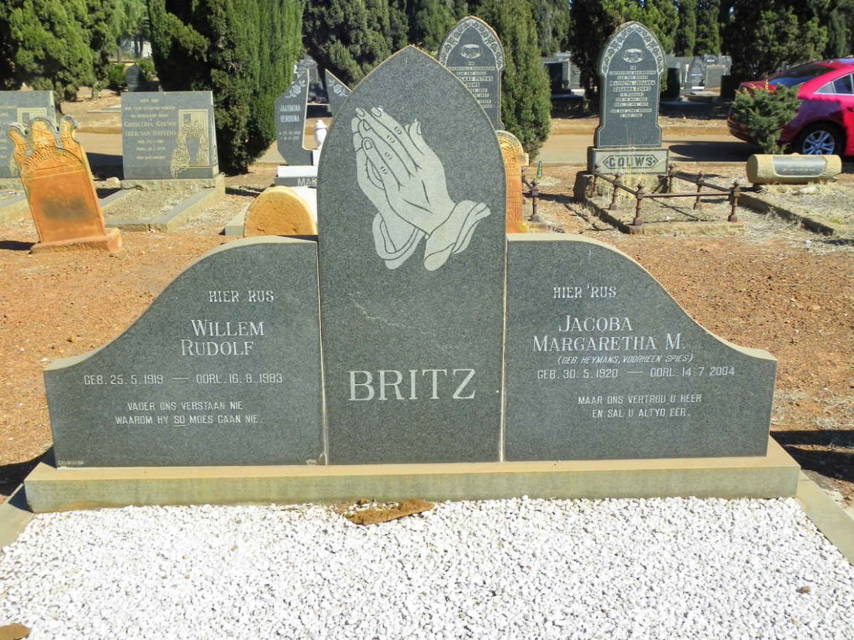BRITZ Willem Rudolf 1919-1983 &amp; Jacoba Margaretha M. voorheen SPIES nee HEYMANS 1920-2004
