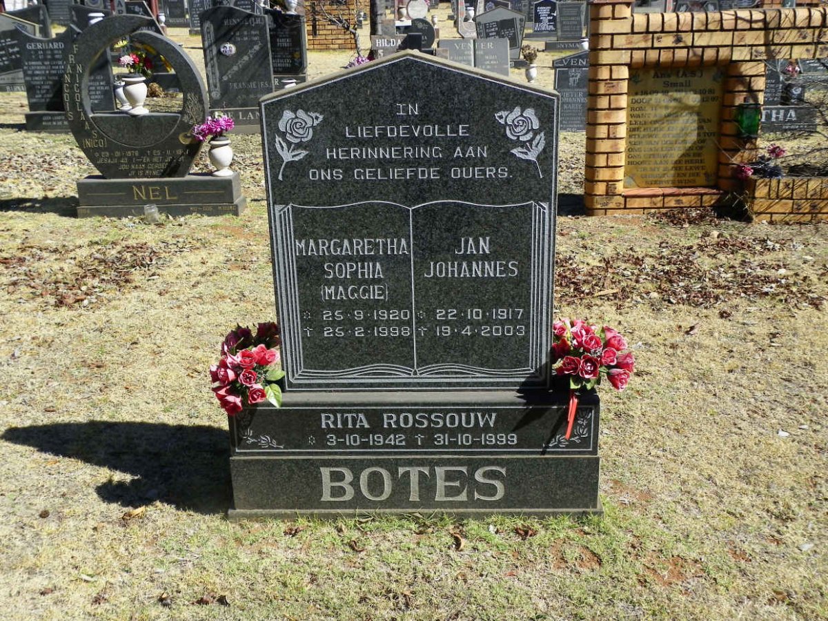 BOTES Jan Johannes 1917-2003 &amp; Margaretha Sophia 1920-1998 :: ROSSOUW Rita 1942-1999