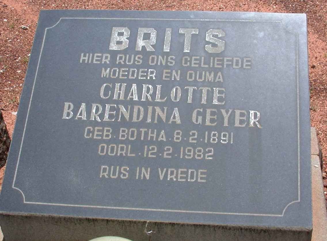BRITS Charlotte Barendina Geyer nee BOTHA 1891-1982