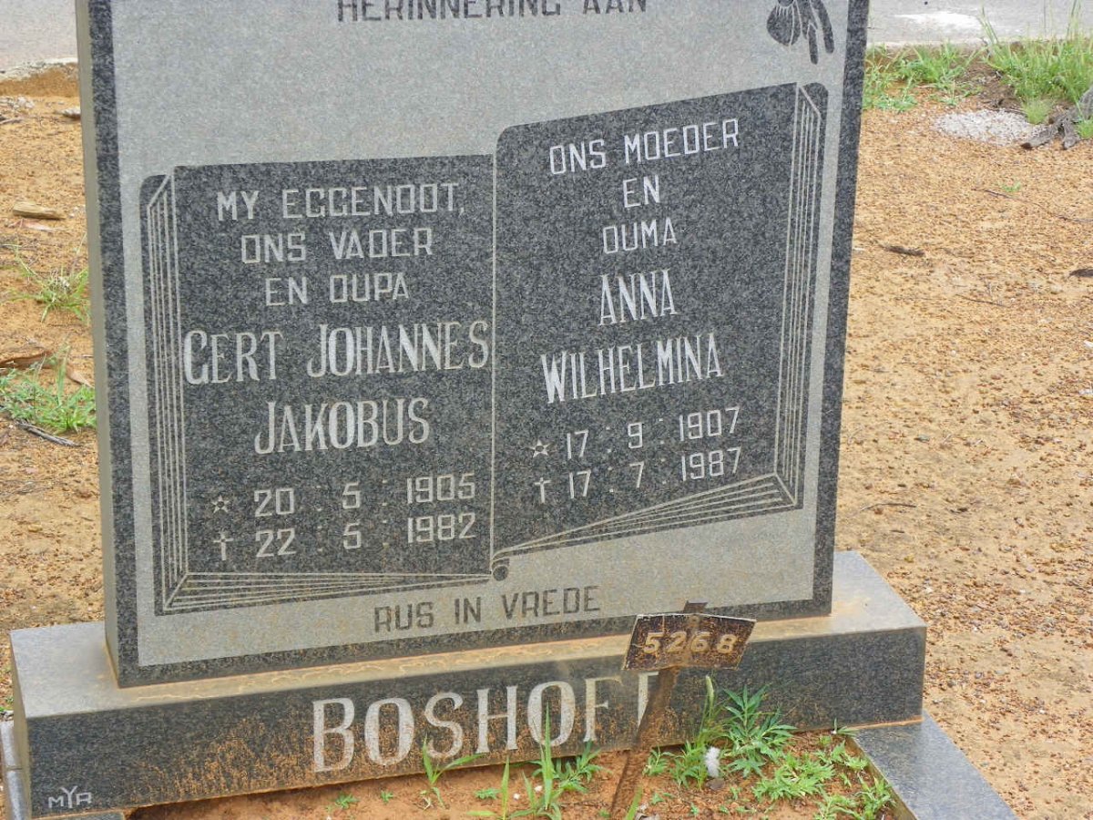 BOSHOFF Gert Johannes Jakobus 1905-1982 &amp; Anna Wilhelmina 1907-1987