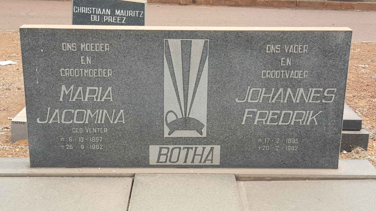 BOTHA Johannes Fredrik 1895-1982 &amp; Maria Jacomina VENTER 1897-1982