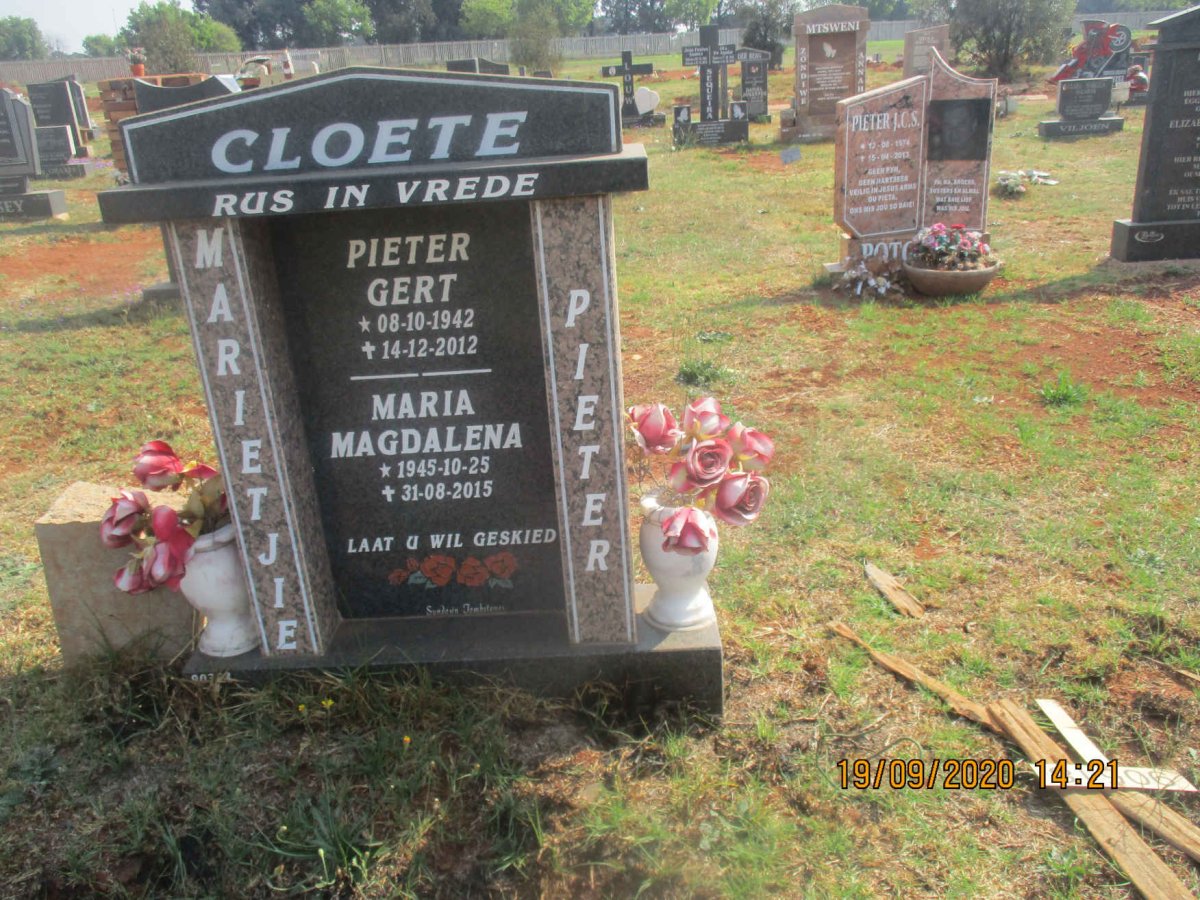 CLOETE Pieter Gert 1942-2012 &amp; Maria Magdalena 1945-2015