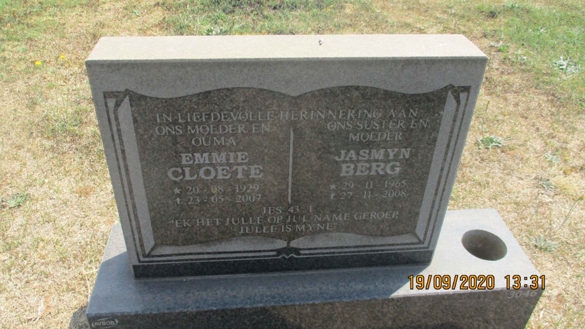 CLOETE Emmie 1929-2007 :: BERG Jasmyn 1965-2008