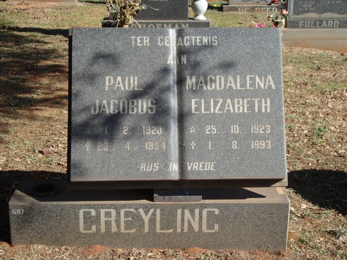 GREYLING Paul Jacobus 1920-1994 &amp; Magdalena Elizabeth 1923-1993