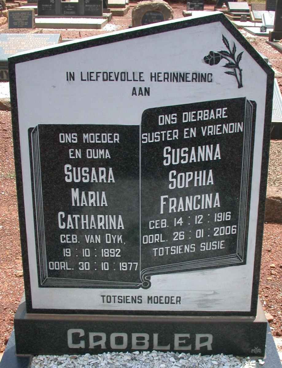 GROBLER Susara Maria Catharina nee van DYK 1892-1977 :: GROBLER Susanna Sophia Francina 1916-2006