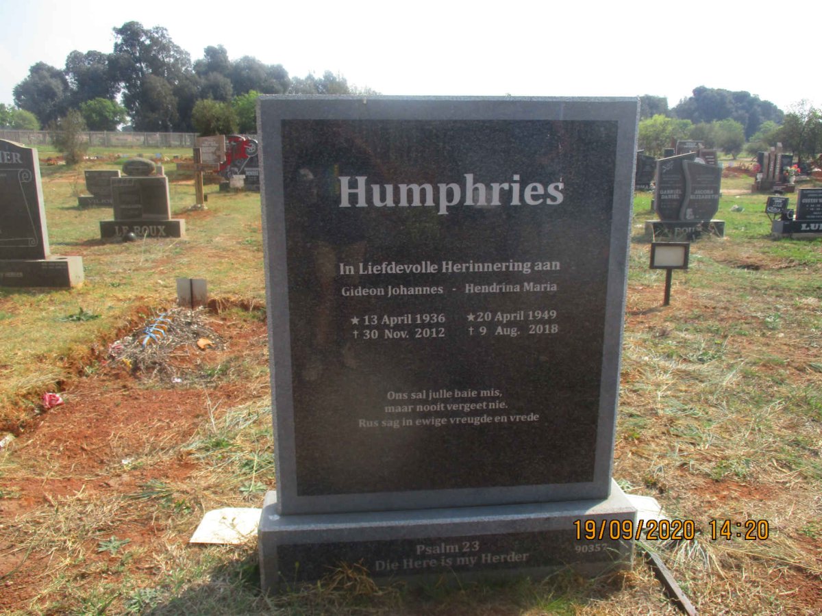 HUMPHRIES Gideon Johannes 1936-2012 &amp; Hendrina Maria 1949-2018