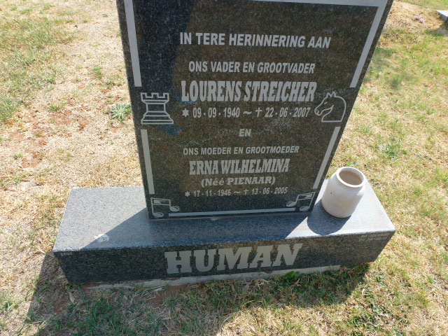 HUMAN Lourens Streicher 1940-2007 &amp; Erna Wilhelmina PIENAAR 1946-2005