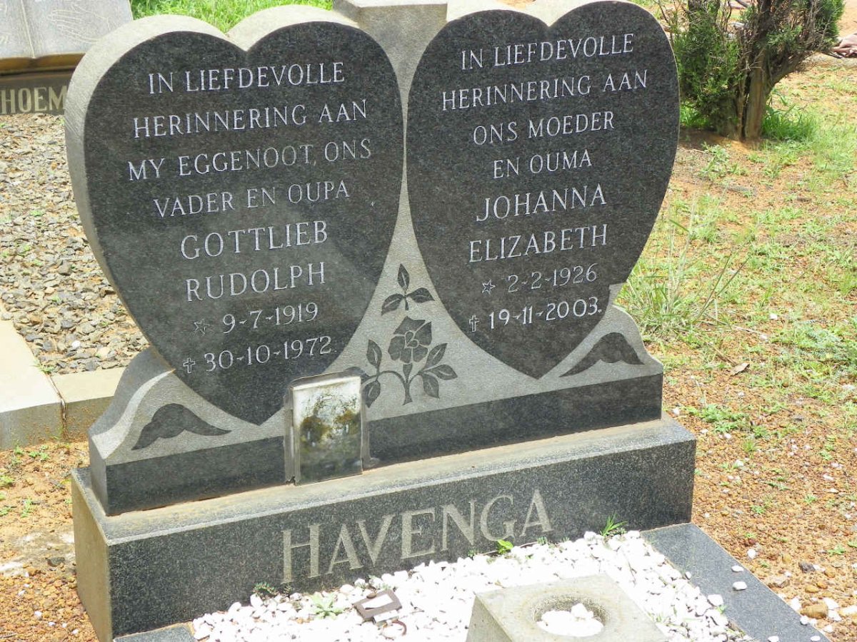 HAVENGA Gottlieb Rudolph 1919-1972 &amp; Johanna Elizabeth 1926-2003