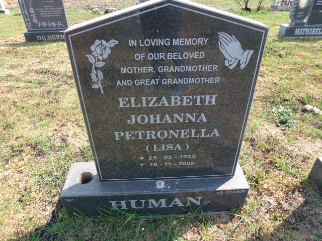 HUMAN Elizabeth Johanna Petronella 1933-2009