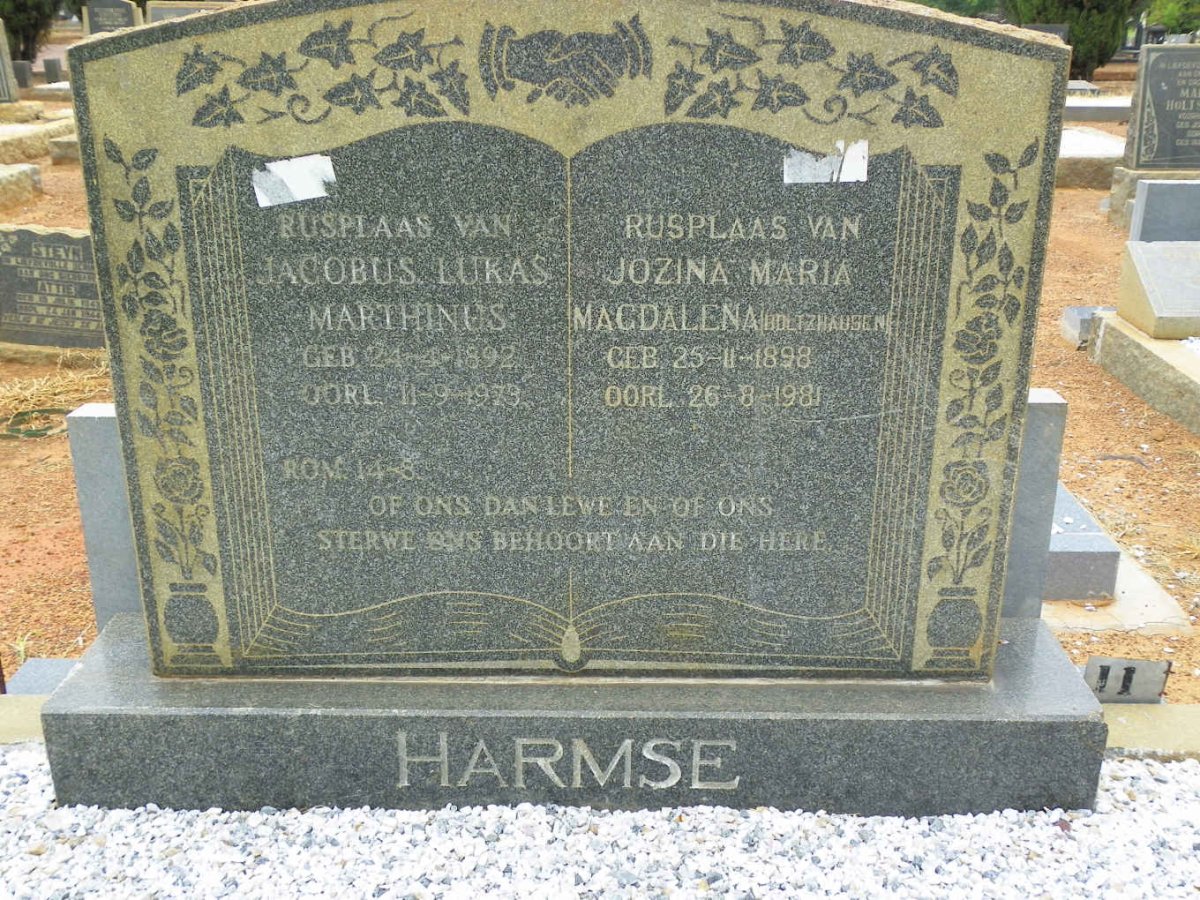 HARMSE Jacobus Lukas Marthinus 1892-1973 &amp; Jozina Maria Magdalena HOLTSHAUZEN 1898-1981