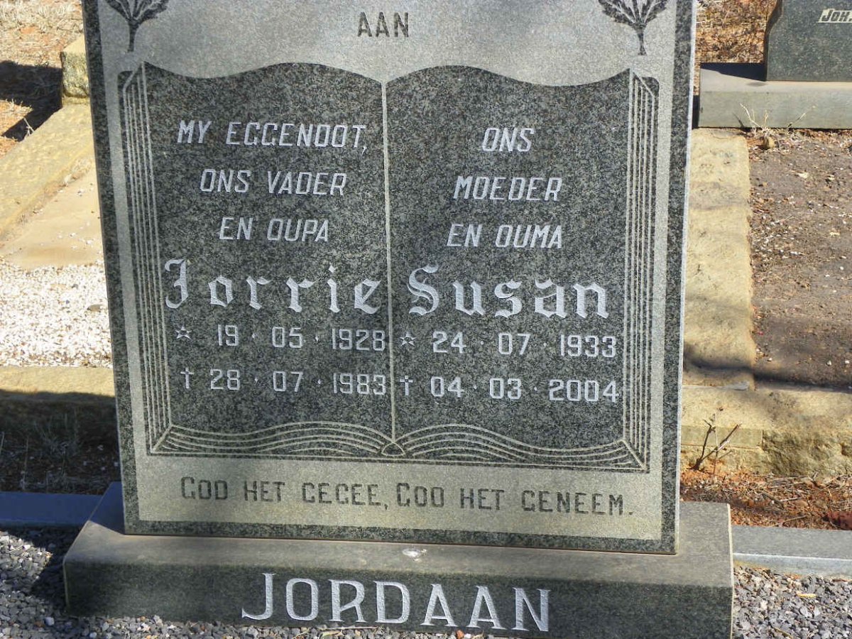 JORDAAN Jorrie 1928-1983 &amp; Susan 1933-2004