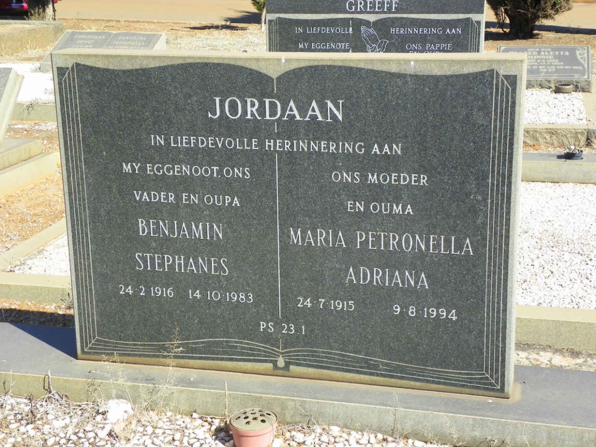 JORDAAN Benjamin Stephanes 1916-1983 &amp; Maria Petronella Adriana 1915-1994