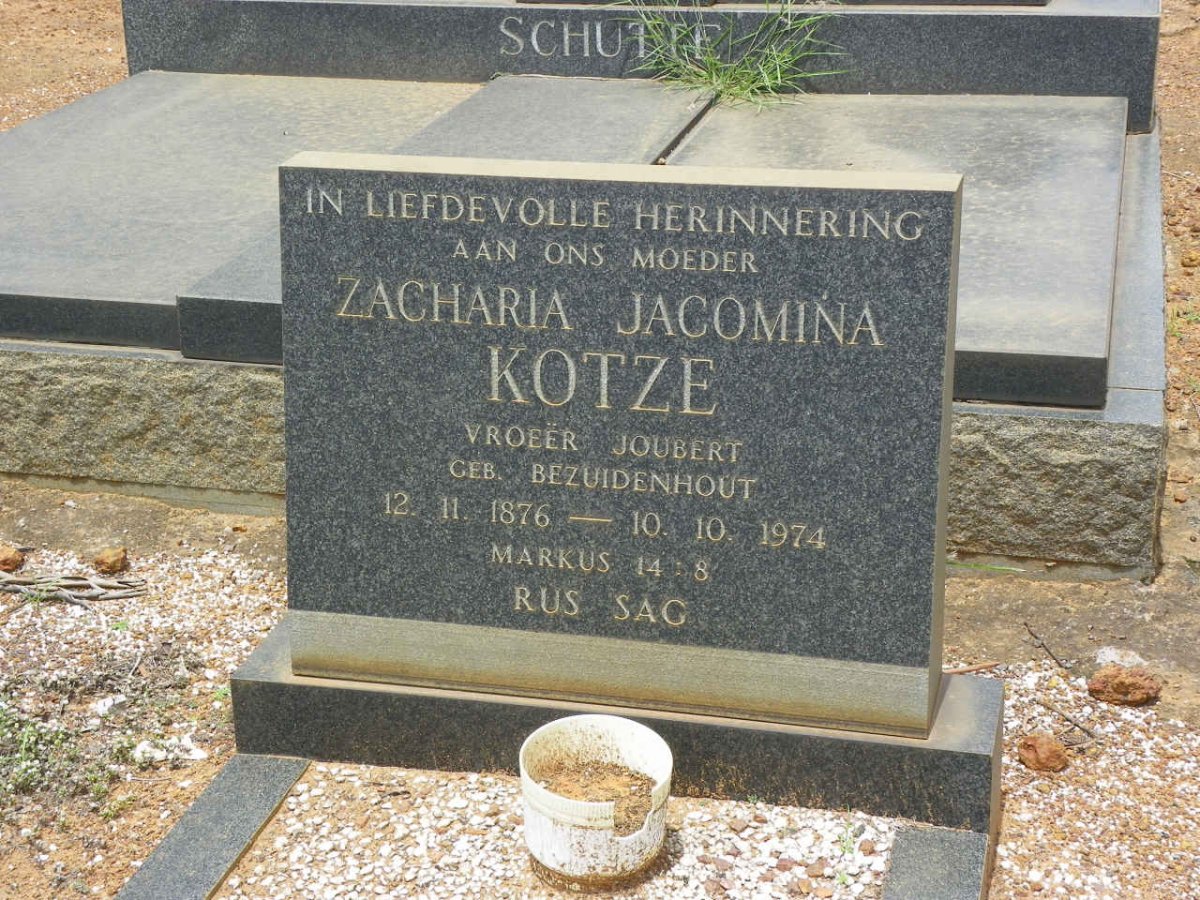 KOTZE Zacharia Jacomina formerly JOUBERT nee BEZUIDENHOUT 1876-1974