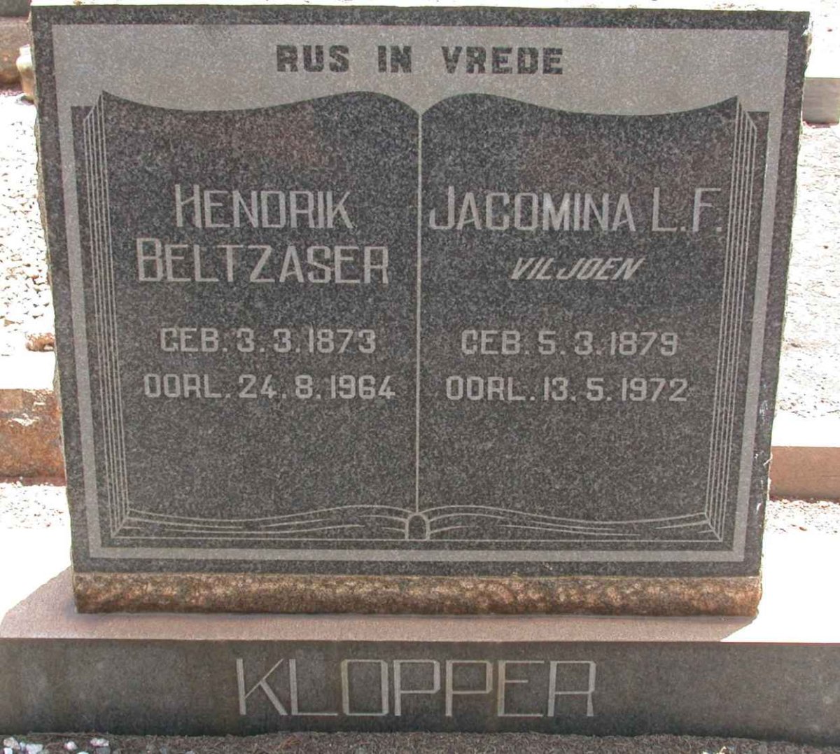 KLOPPER Hendrik Beltzaser 1873-1964 &amp; Jacomina L.F. VILJOEN 1879-1972