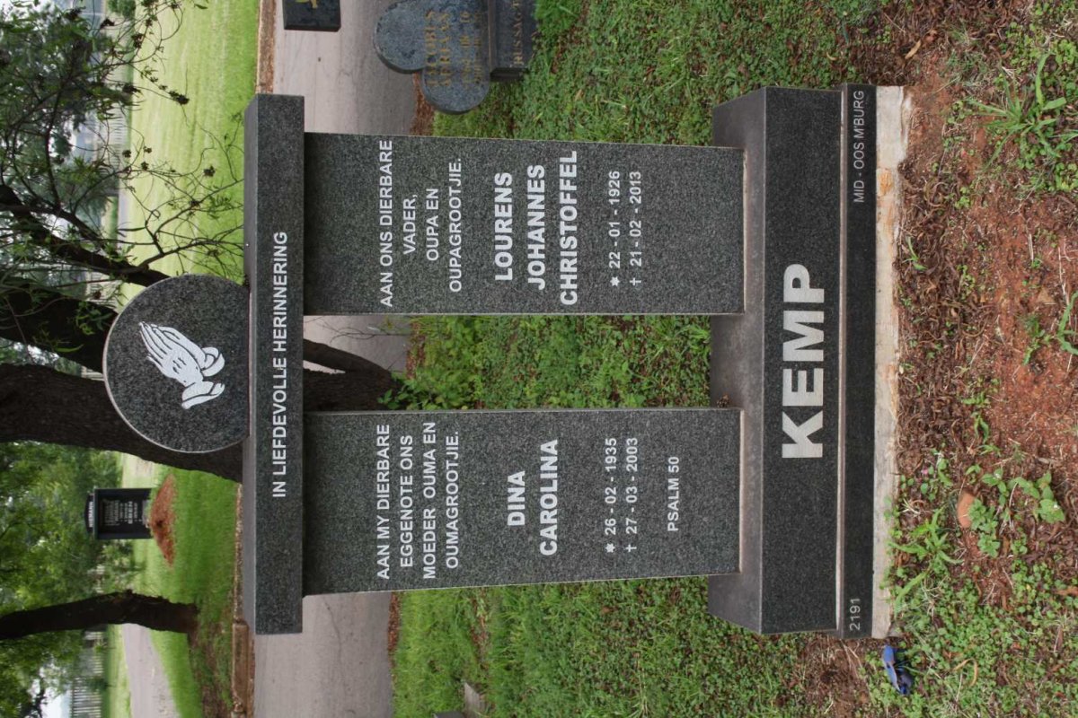 KEMP Lourens Johannes Christoffel 1926-2013 &amp; Dina Carolina 1935-2003