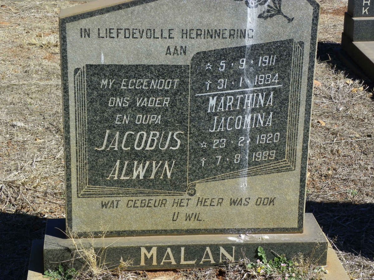 MALAN Jacobus Alwyn 1911-1984 &amp; Marthina Jacomina 1920-1989