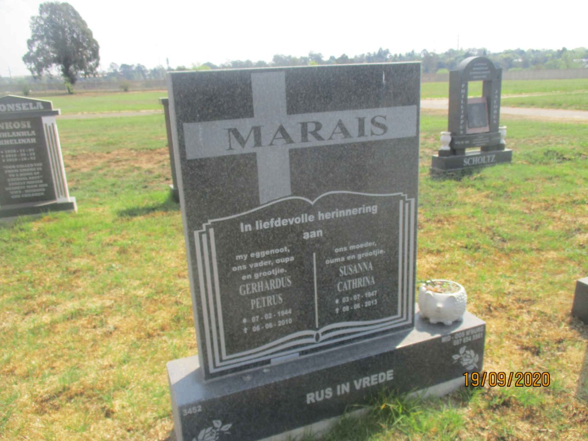 MARAIS Gerhardus Petrus 1944-2010 &amp; Susanna Cathrina 1947-2013