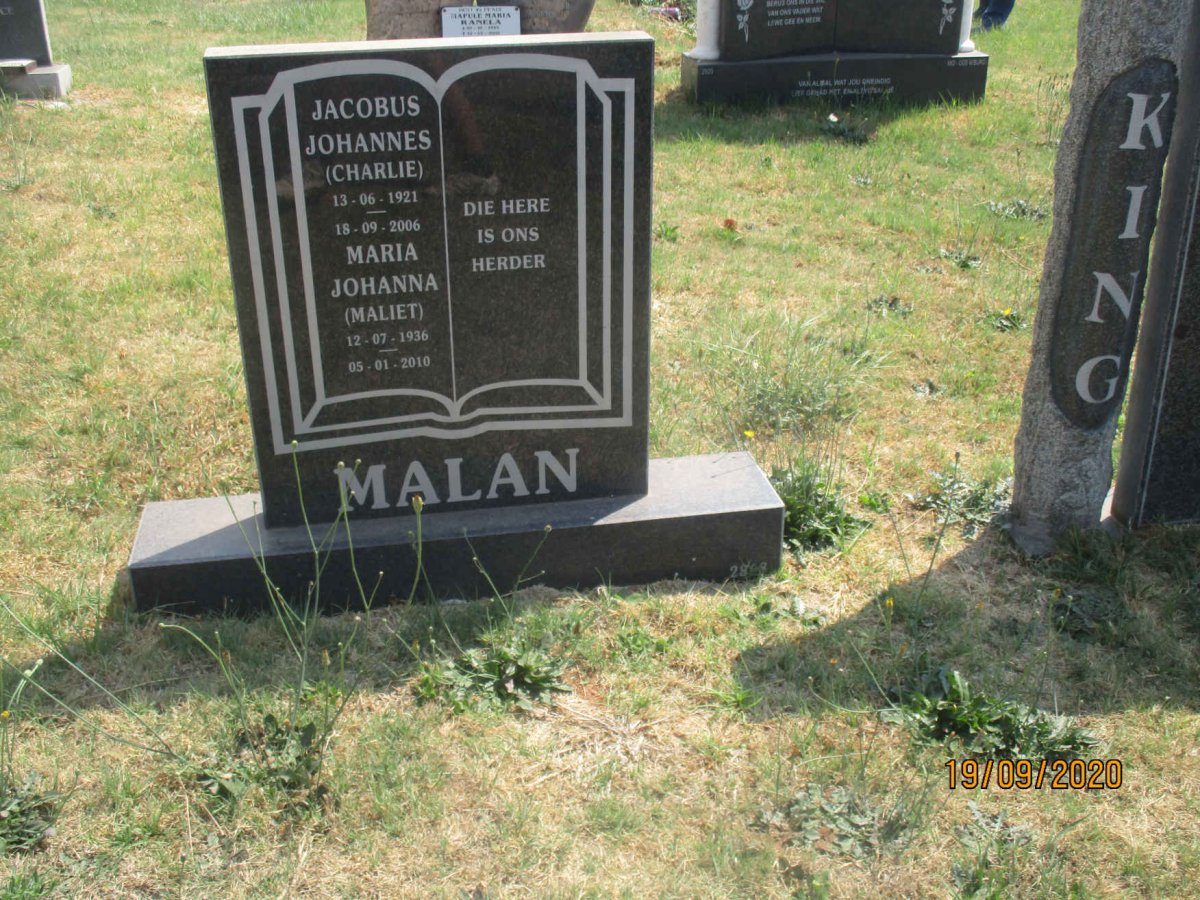 MALAN Jacobus Johannes 1921-2006 &amp; Maria Johanna 1936-2010