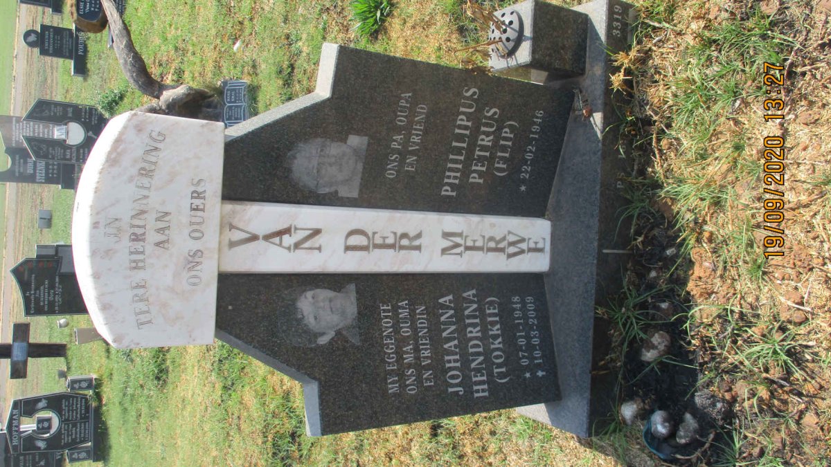 MERWE Phillipus Petrus, van der 1946- &amp; Johanna Hendrina 1948-2009