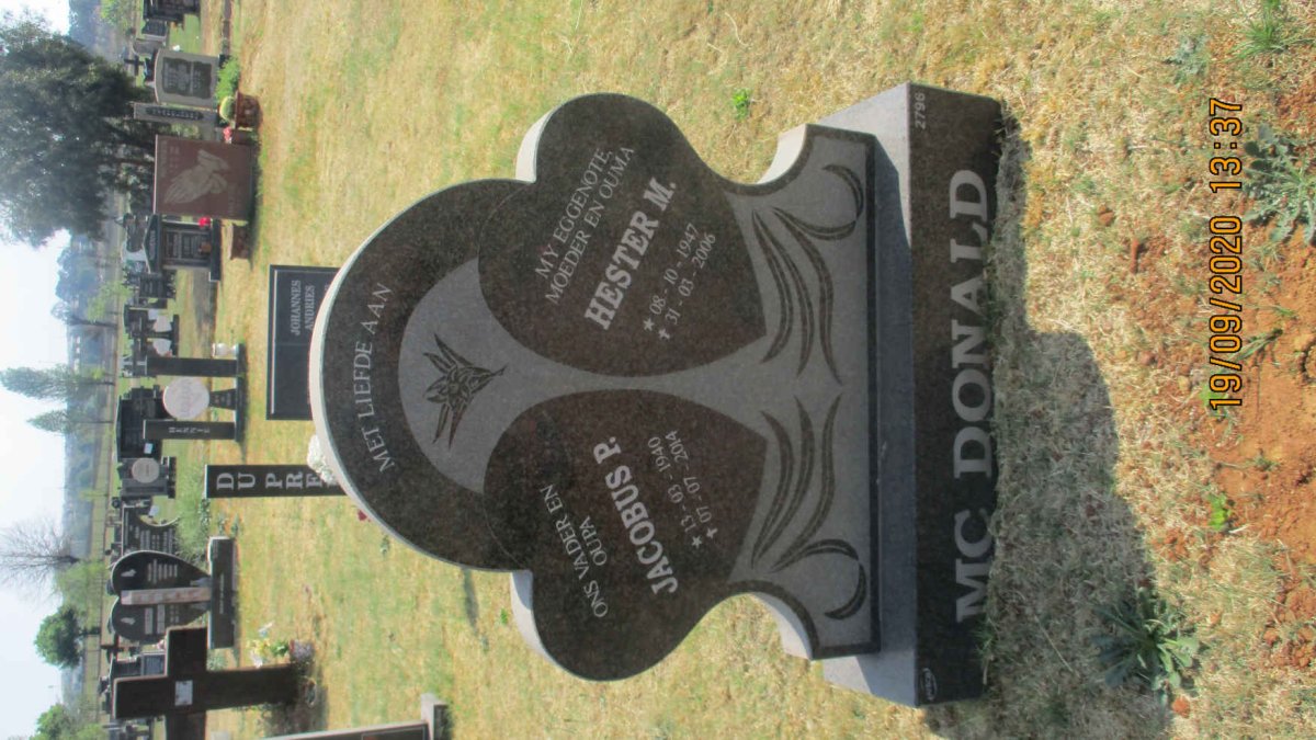 McDONALD Jacobus P. 1940-2014 &amp; Hester M.1947-2006