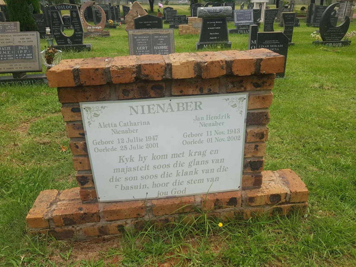 NIENABER Jan Hendrik 1943-2002 &amp; Aletta Catharina 1947-2001