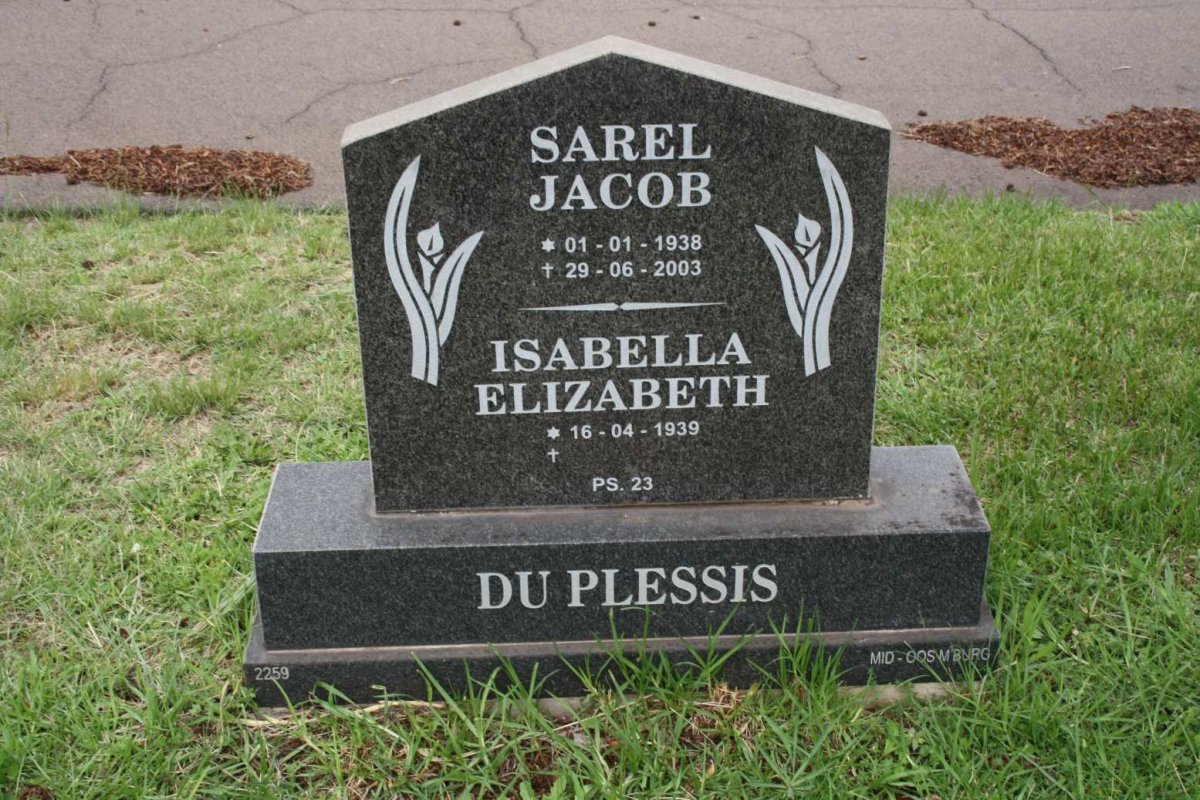 PLESSIS Sarel Jacob, du 1938-2003 &amp; Isabella Elizabeth 1939-