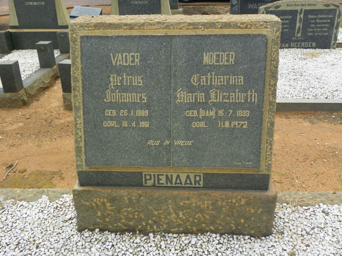 PIENAAR Petrus Johannes 1889-1961 &amp; Catharina Maria Elizabeth BAM 1893-1972