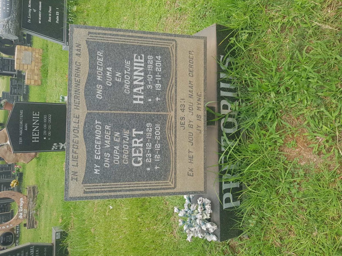 PRETORIUS Gert 1929-2001 &amp; Hannie 1928-2014