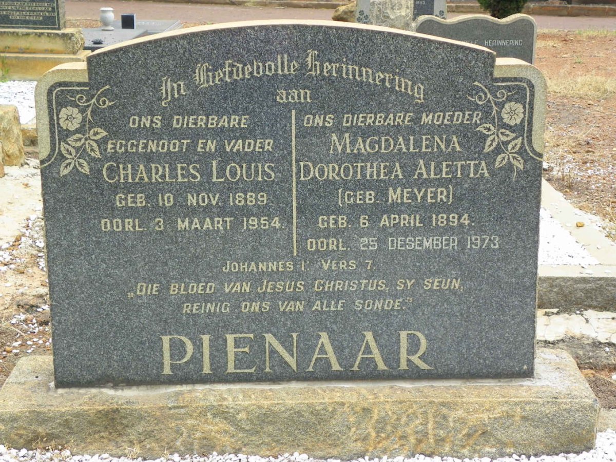 PIENAAR Charles Louis 1889-1954 &amp; Magdalena Dorothea Aletta MEYER 1894-1973
