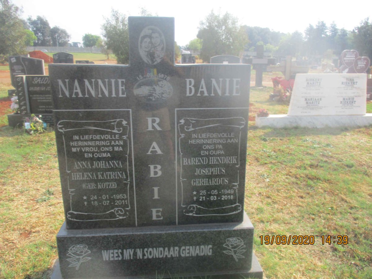 RABIE Barend Hendrik Josephus Gerhardus 1949-2018 &amp; Anna Johanna Helena Katrina KOTZE 1953-2011