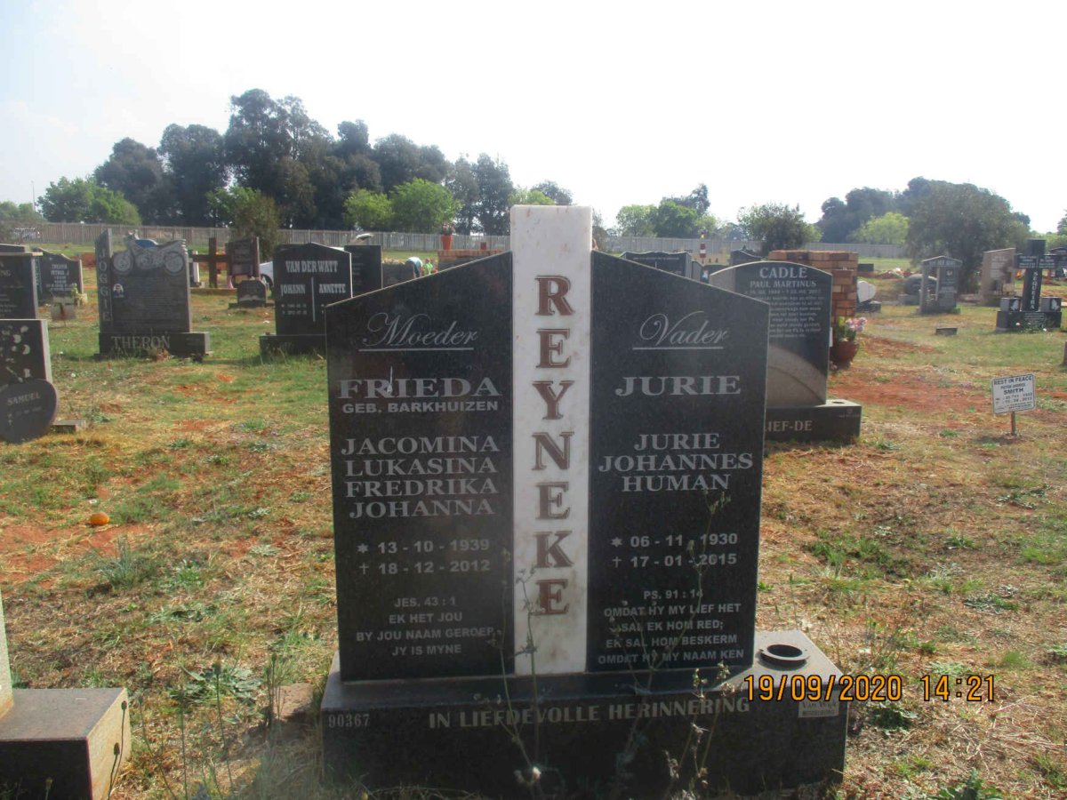 REYNEKE Jurie Johannes Human 1930-2015 &amp; Jacomina Lukasina Fredrika Johanna BARKHUIZEN 1939-2012