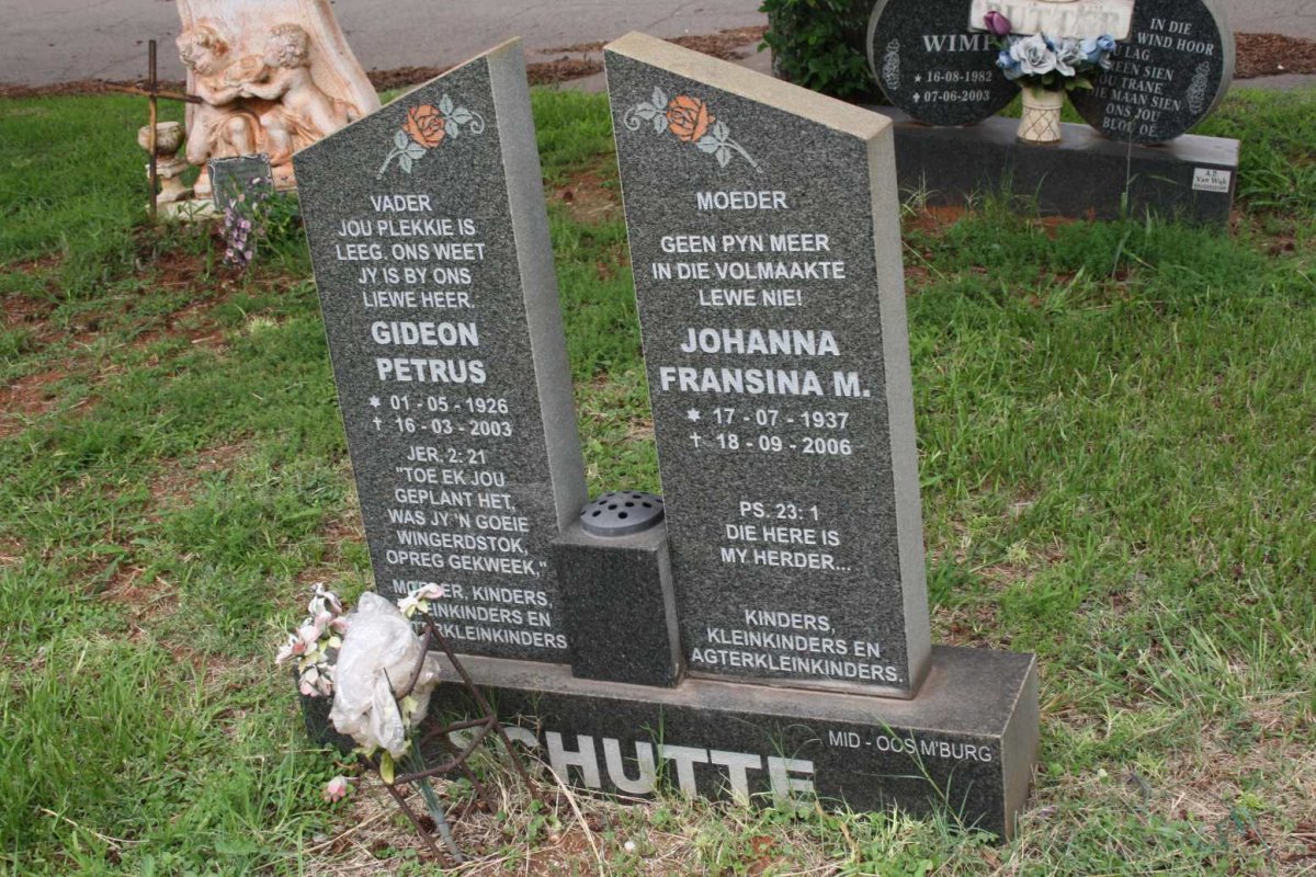 SCHUTTE Gideon Petrus 1926-2003 &amp; Johanna Fransina M. 1937-2006