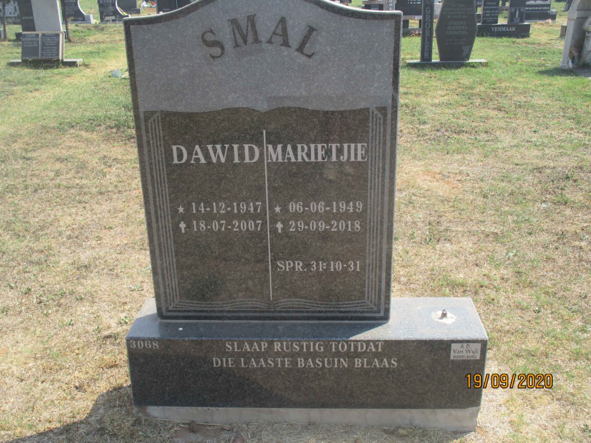 SMAL Dawid 1947-2007 &amp; Marietjie 1949-2018