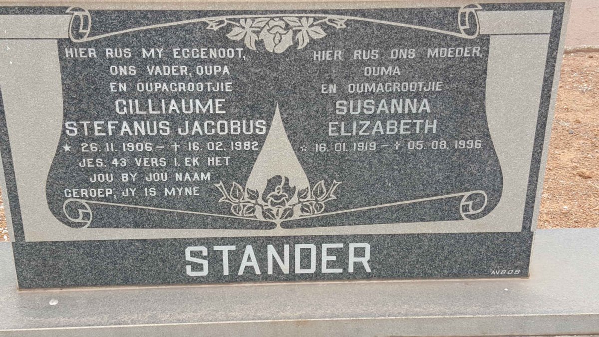 STANDER Gilliaume Stefanus Jacobus 1906-1982 &amp; Susanna Elizabeth 1919-1996
