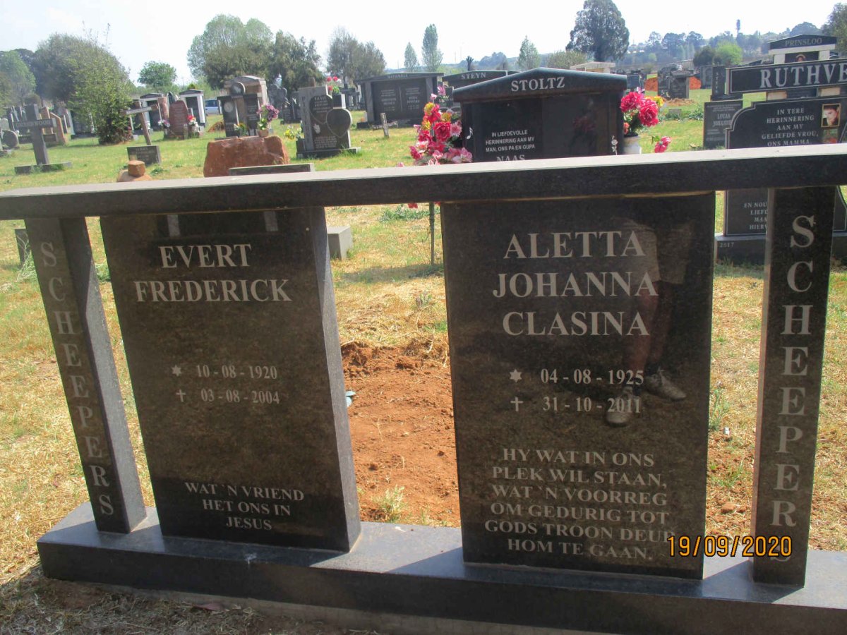SCHEEPERS Evert Frederick 1920-2004 &amp; Aletta Johanna Clasina 1925-2011